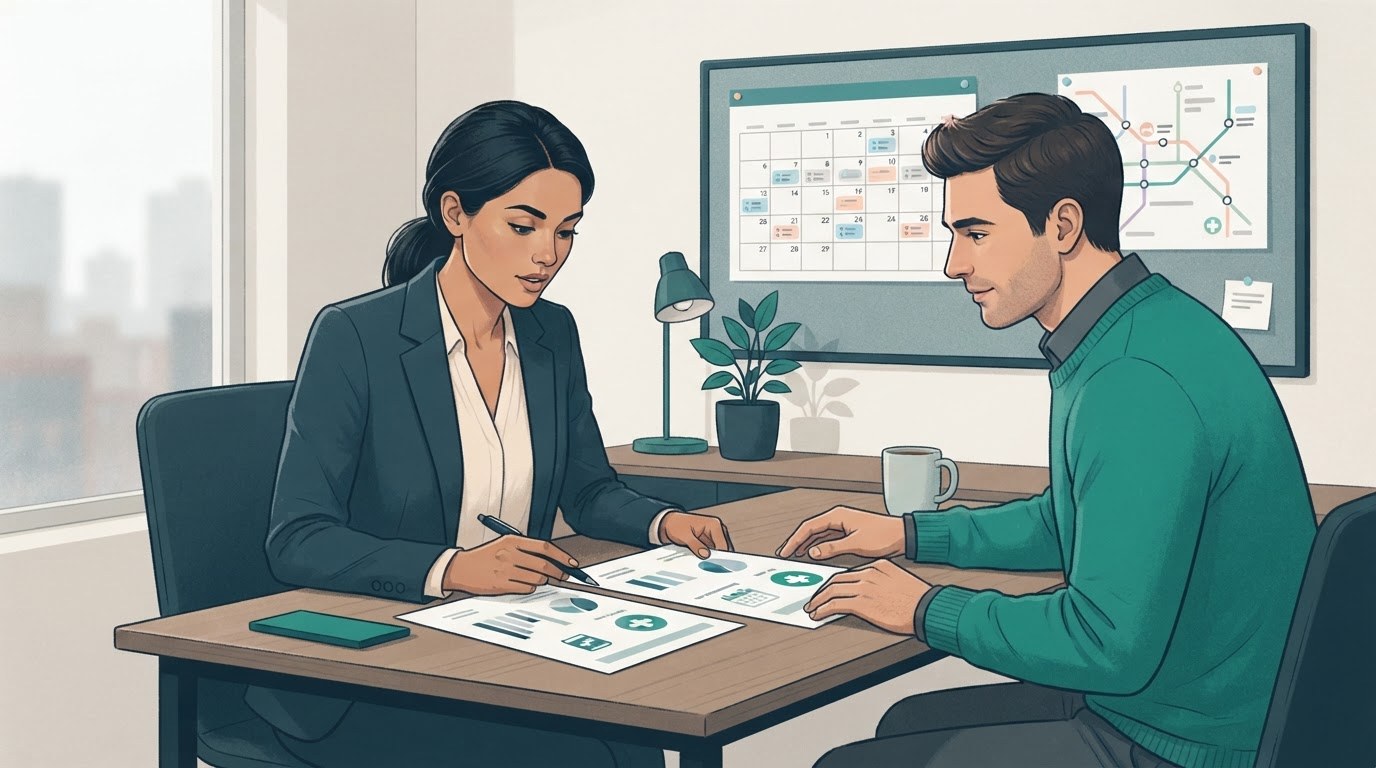Two working adults compare part time job offers at a desk, illustrating how to assess assistant jobs part time.