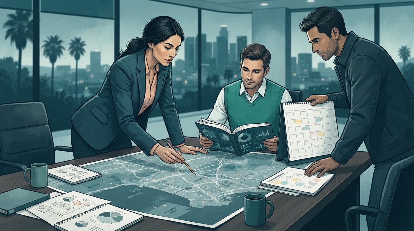 Working adults researching companies and executive support work in an illustration about executive assistant jobs in los angeles