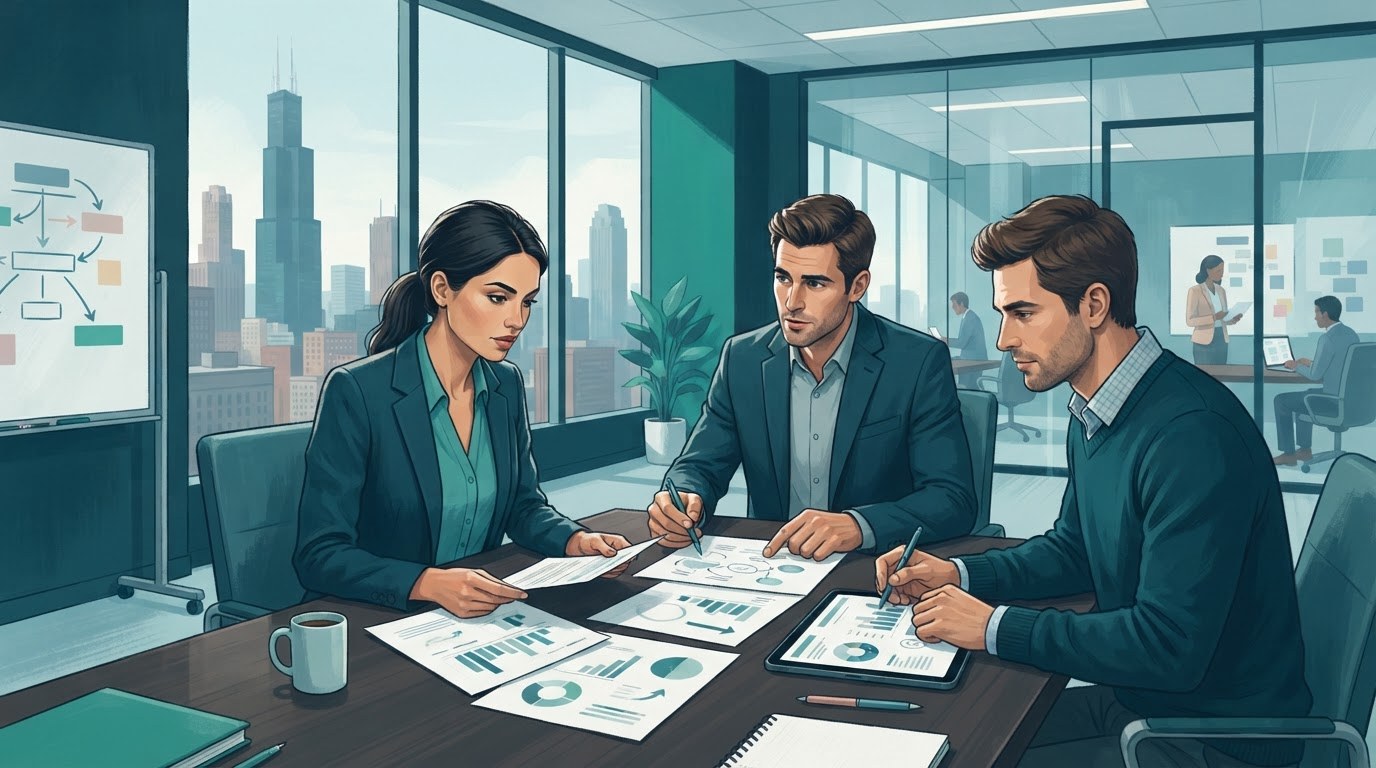 Working adults researching office culture before an interview for executive assistant jobs chicago