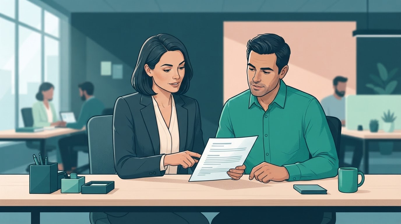 Customer service professional reviewing a resume for assistant jobs with an office colleague