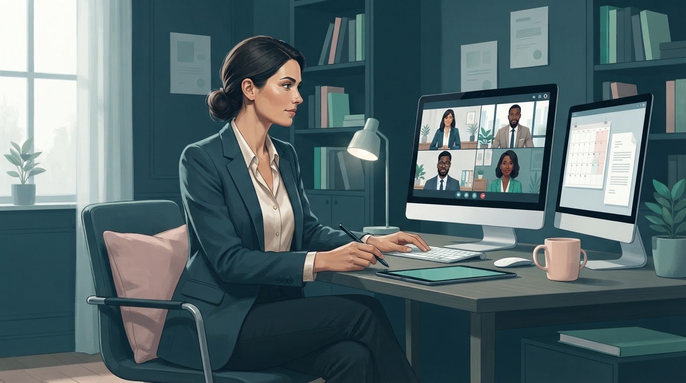 Executive assistant organizing remote work from a home office for executive assistant jobs remote