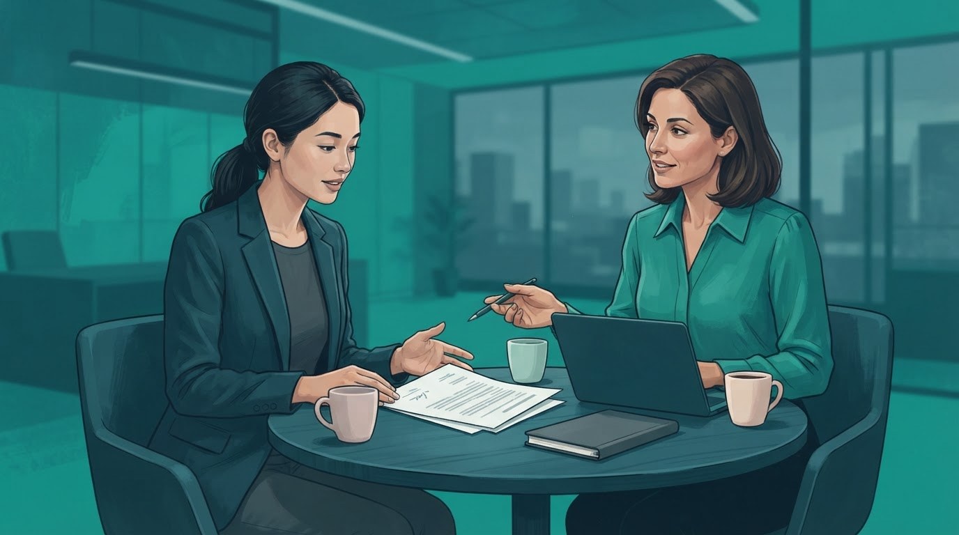 A candidate and recruiter discussing a written offer at a table, illustrating pay talks for executive assistant jobs new york.