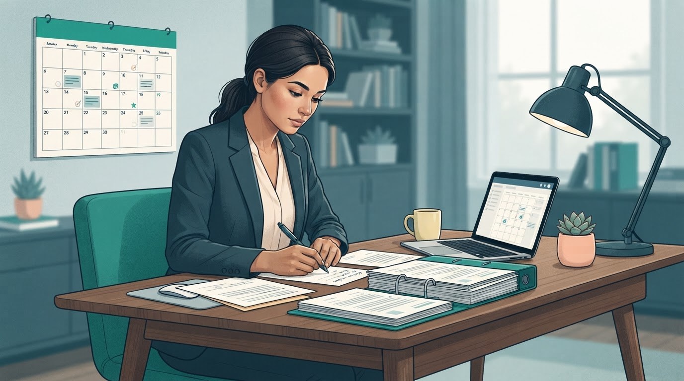 A job seeker organizing application notes and follow up dates at a desk while searching for assistant jobs online.