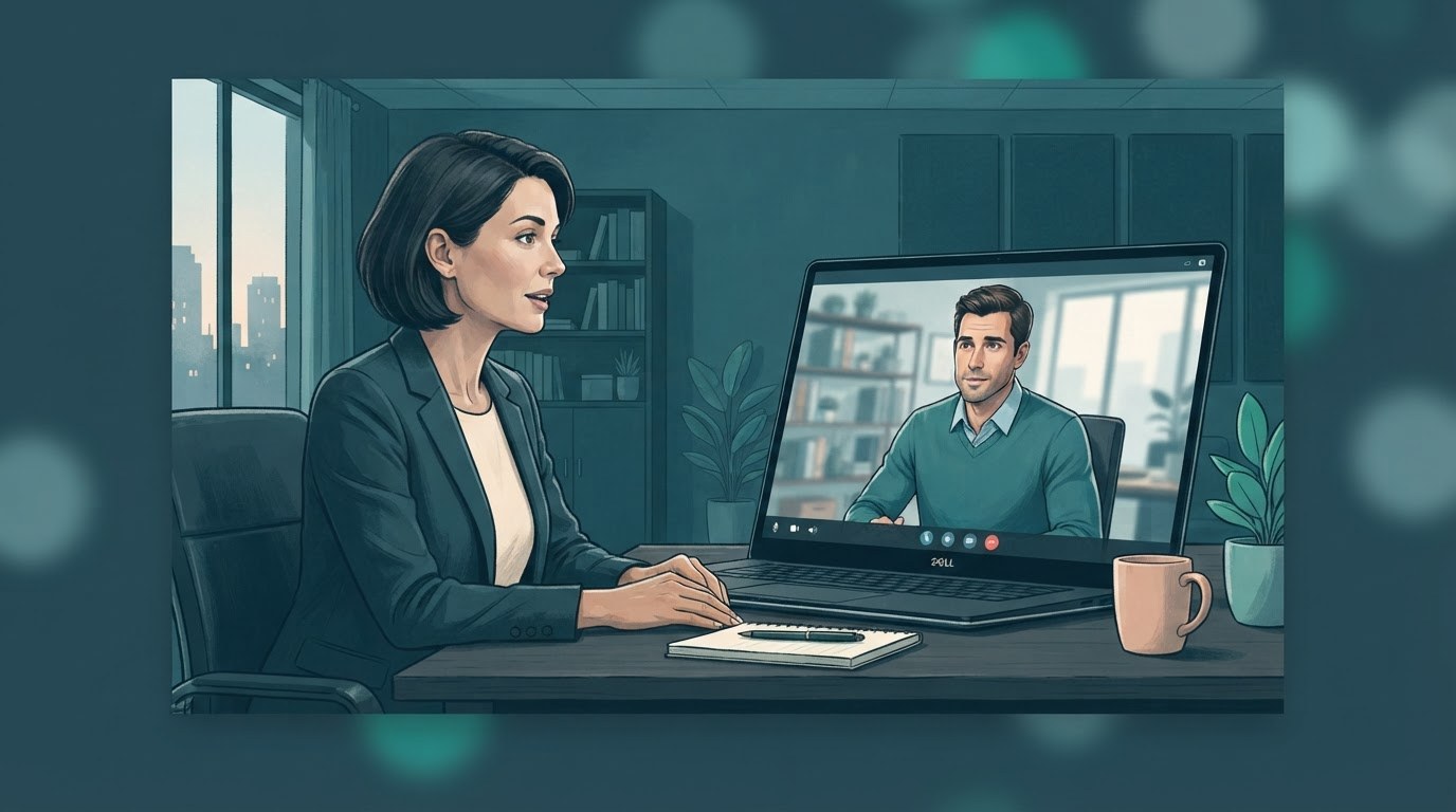 An executive assistant practices a video interview at a laptop, illustrating preparation for executive assistant jobs remote.