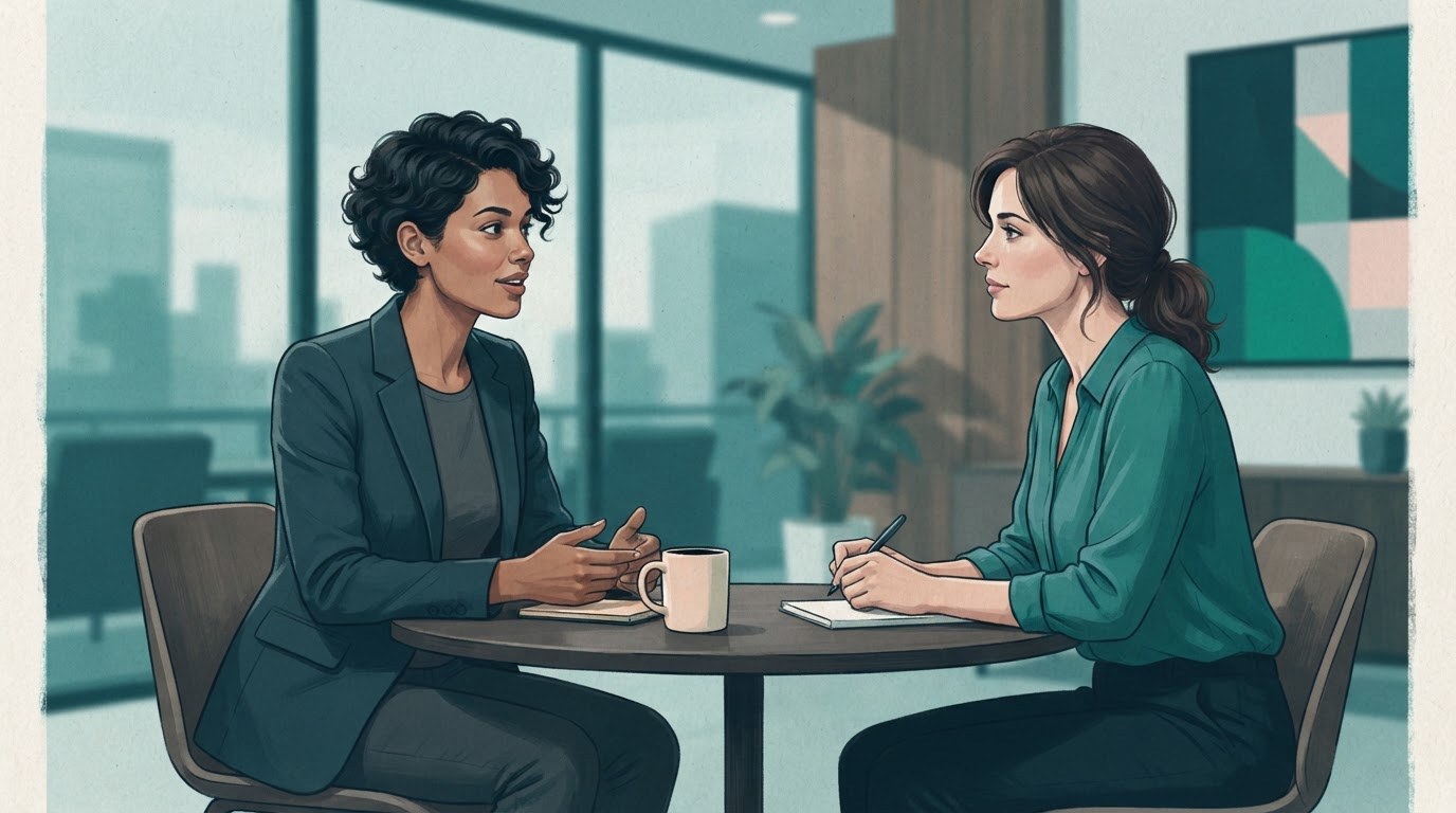 A recruiter and candidate discuss interview preparation for executive assistant jobs in los angeles at an office table.