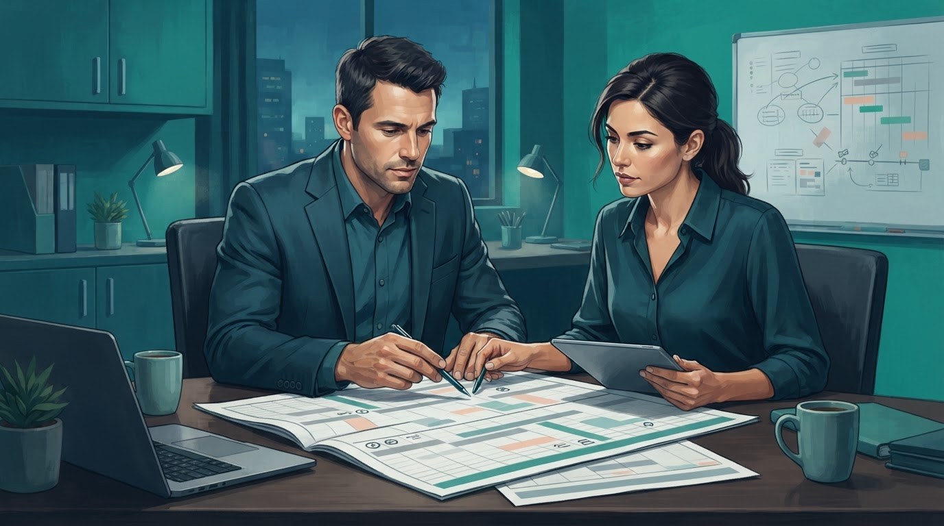 Two entertainment professionals review a production calendar together, illustrating planning for executive assistant jobs in los angeles.