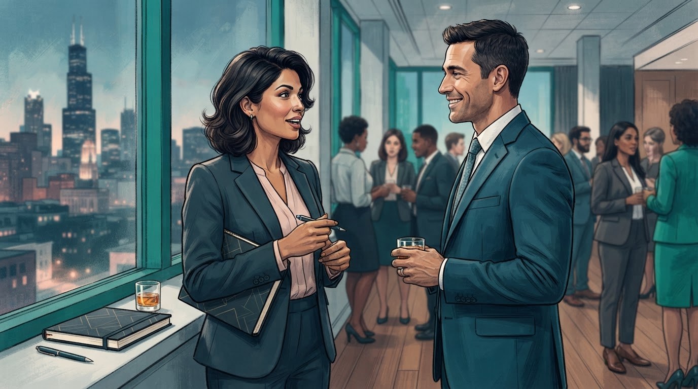 Two working professionals making a connection at a Chicago networking event, illustrating executive assistant jobs chicago.