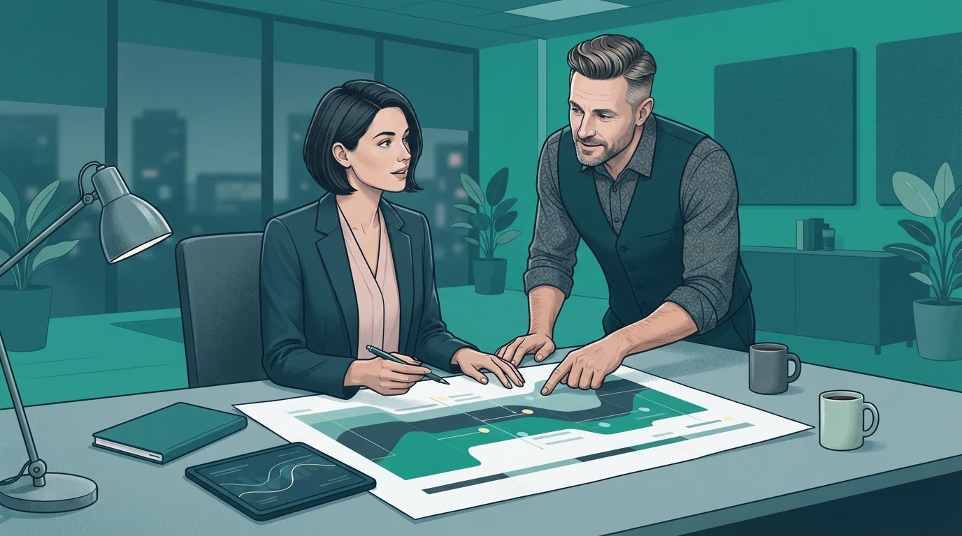 Editorial illustration of an executive assistant coordinating a project timeline with a colleague, representing executive assistant jobs new york.