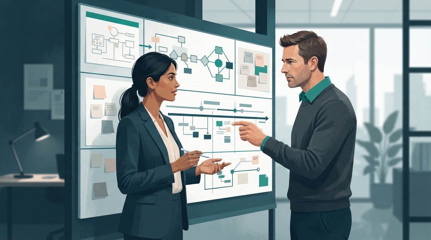 An executive assistant and colleague reviewing project tasks together, illustrating an executive assistant jobs description.