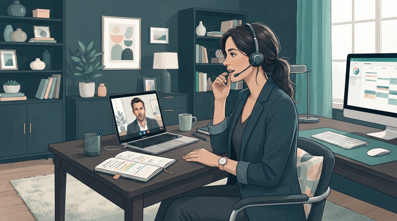 Remote executive assistant reviewing work expectations and equipment during a video meeting for executive assistant jobs remote