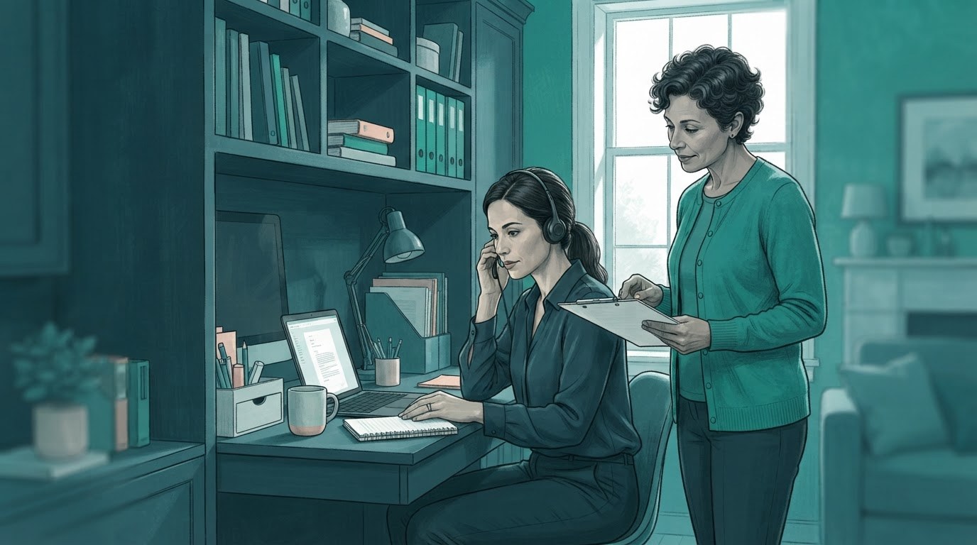A mother prepares for a client call at a quiet home desk, illustrating virtual assistant jobs for stay at home moms.