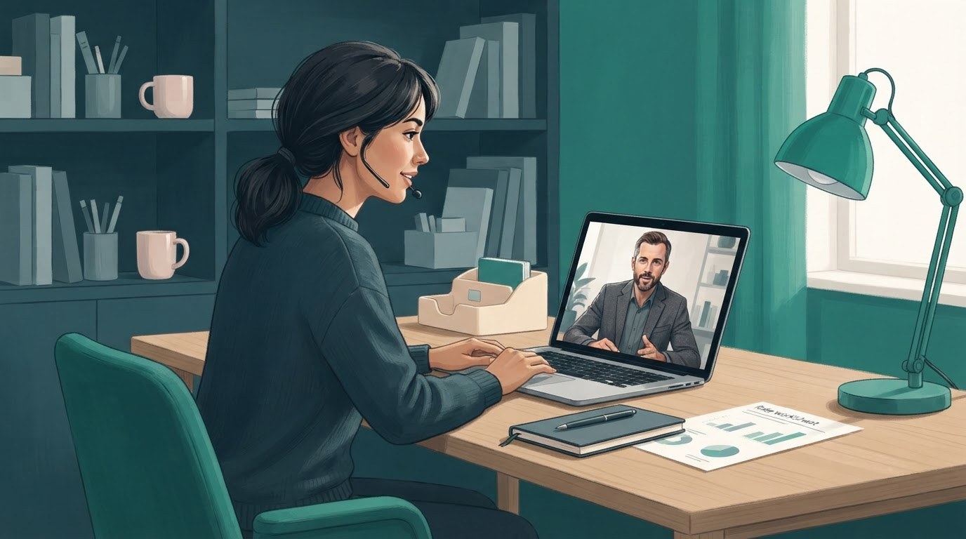 A working mother virtual assistant compares project notes and estimated hours at her desk, illustrating virtual assistant jobs for moms.