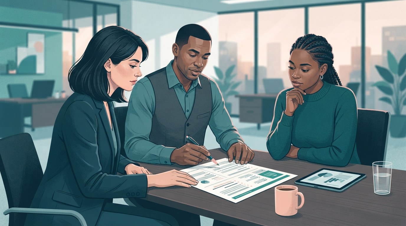Working adults reviewing an executive assistant jobs description together at an office table.