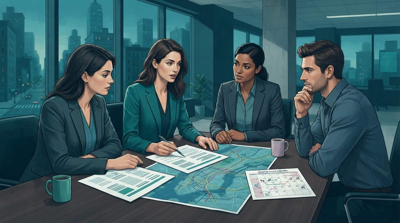 Working adults reviewing travel, office attendance, and commute details for executive assistant jobs new york