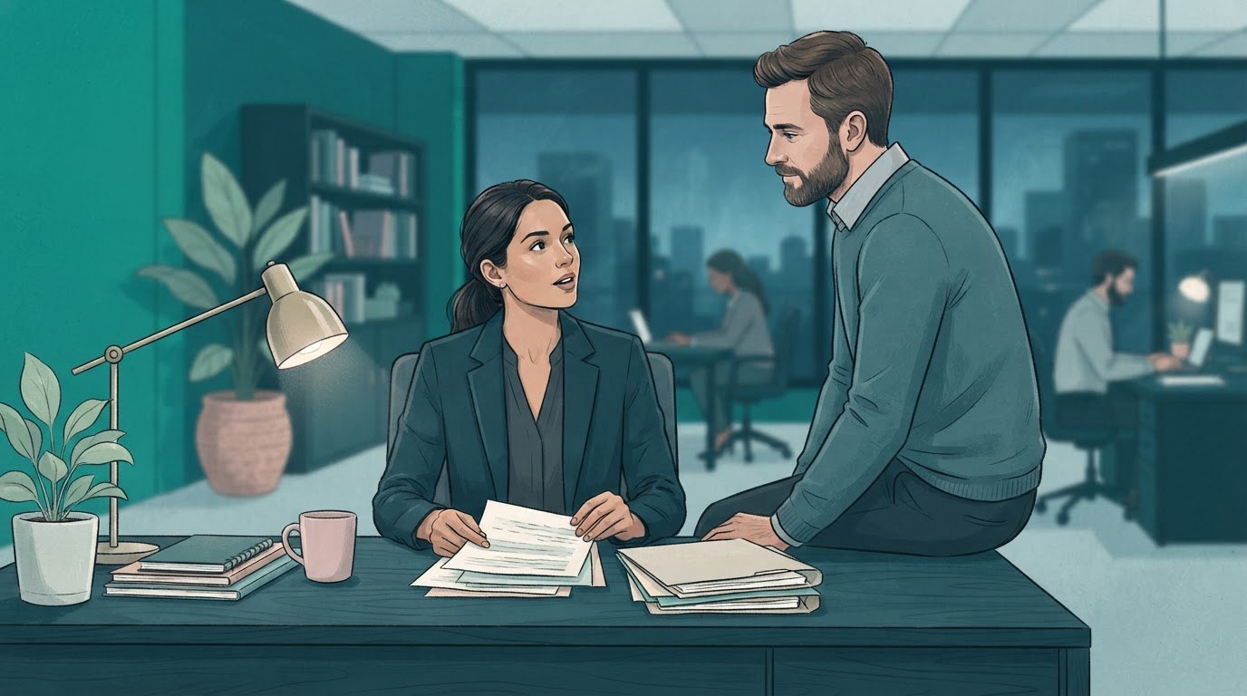 An executive assistant prepares a confidential reference list with a trusted former colleague while pursuing executive assistant jobs chicago.