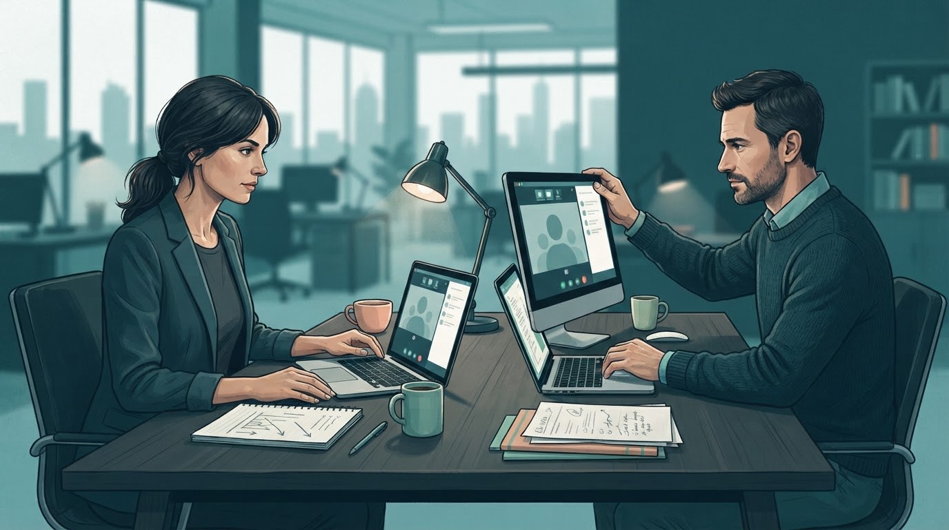 Two working adults preparing online meeting notes at a shared desk, illustrating executive assistant jobs remote.