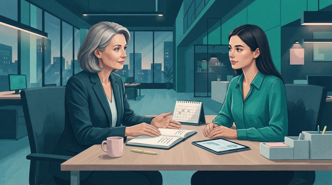 A new executive assistant and manager review priorities at a desk, illustrating a 90 day check in for executive assistant jobs chicago.