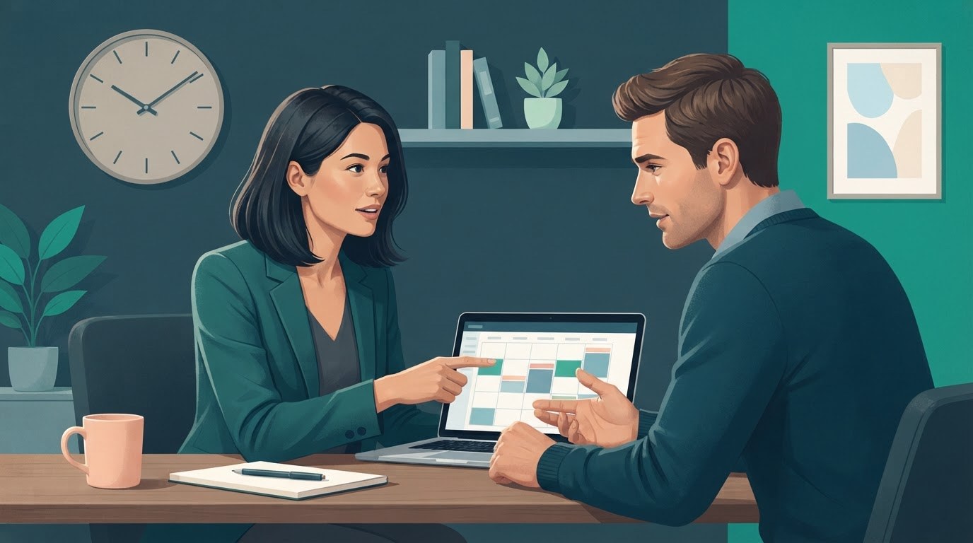 Working adults setting response hours and discussing virtual assistant jobs remote in a teal home office