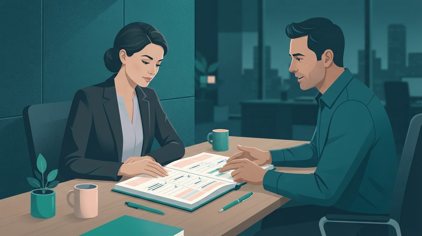 An executive assistant and candidate reviewing a schedule, illustrating how assistant jobs part time can stay within agreed hours.