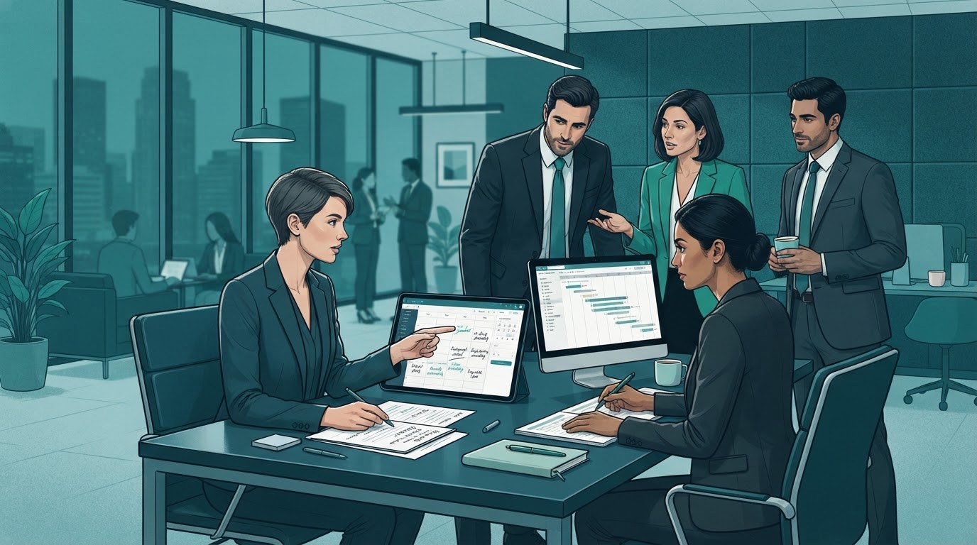 Two executive assistants coordinating coverage for several leaders in an office, illustrating executive assistant jobs chicago.