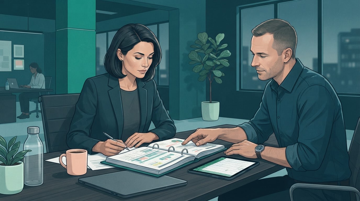 Two professionals reviewing an event timeline together, illustrating how applicants can show their skills for executive assistant jobs in los angeles.