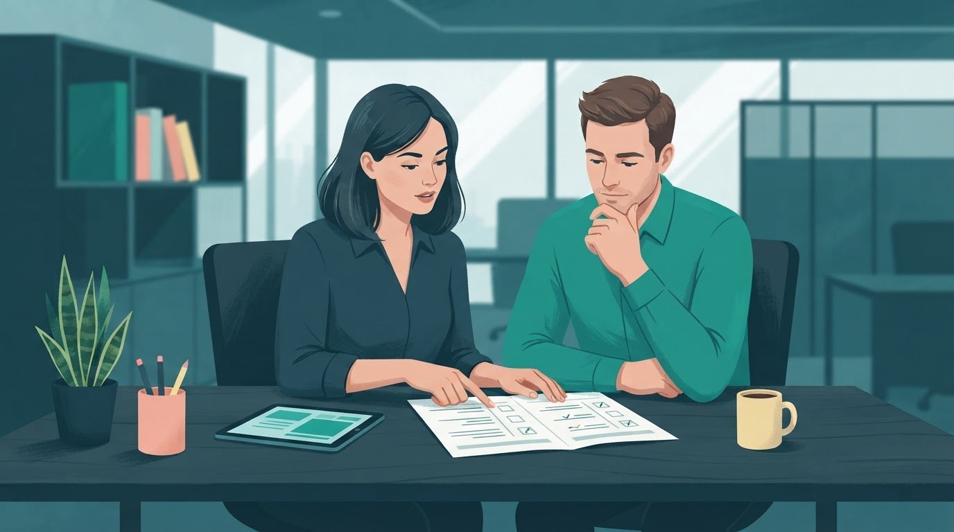 Two working adults reviewing a task log together, an illustration about showing prioritizing skills for assistant jobs.