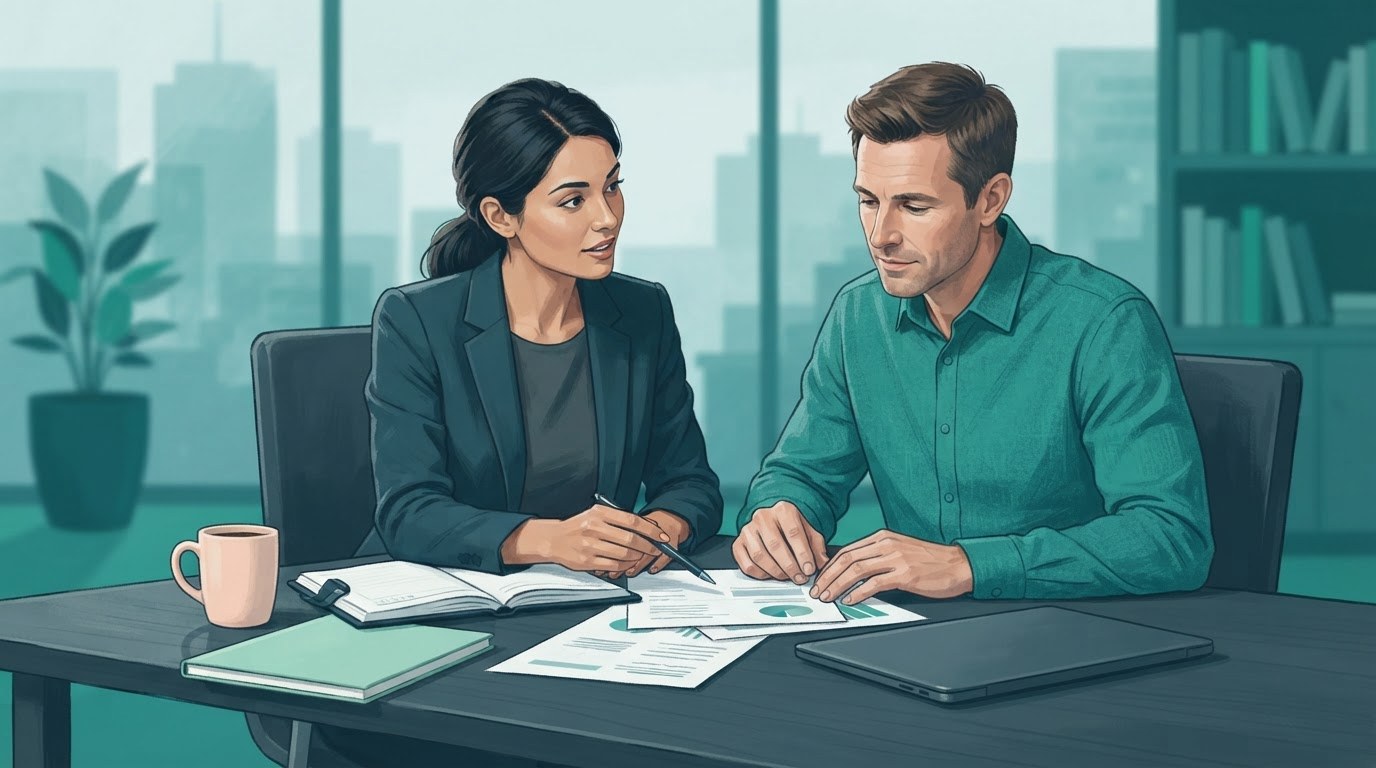Working adults reviewing a fair workload for assistant jobs part time in a teal office illustration
