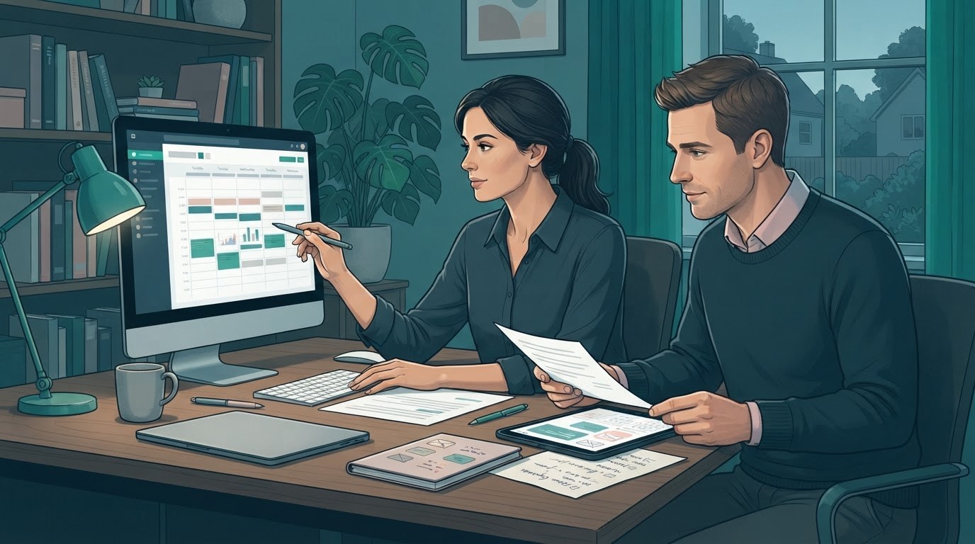 Working parents reviewing client messages and household schedules in an illustration about virtual assistant jobs for stay at home moms