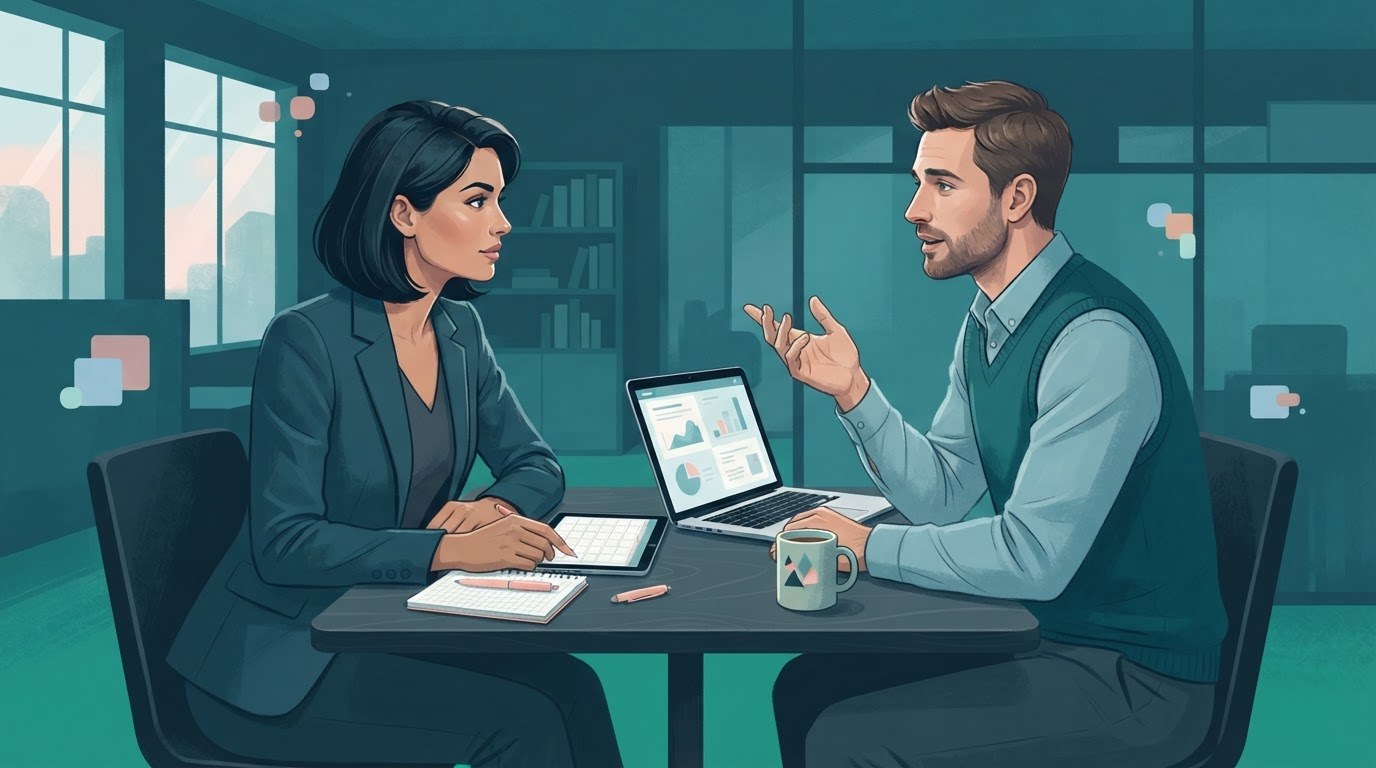 A recruiter and job seeker discuss an executive assistant role at a table, illustrating executive assistant jobs new york.