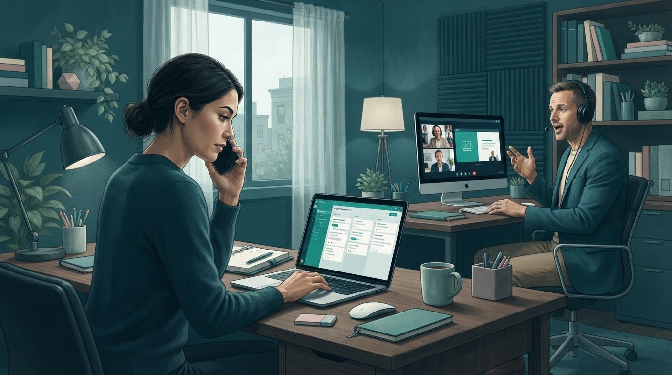 Working adults coordinating tasks and communication in assistant jobs remote