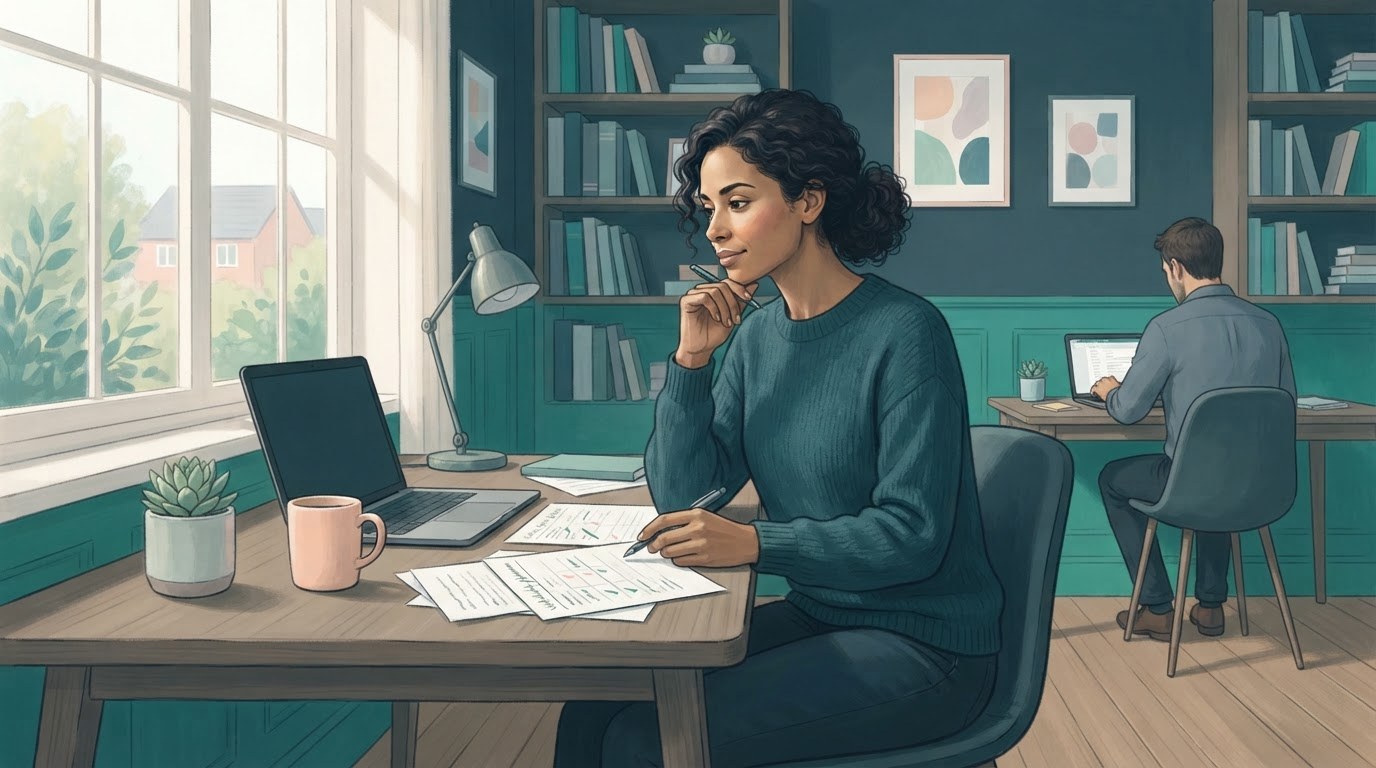 A working mother virtual assistant plans a balanced client schedule at her home desk, illustrating virtual assistant jobs for stay at home moms.