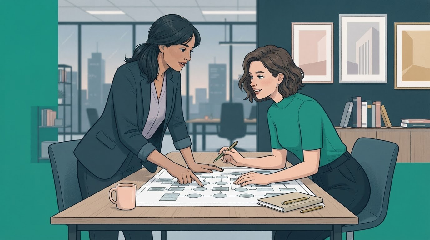 Two executive assistants comparing a support map at a shared office table, illustrating executive assistant jobs chicago.