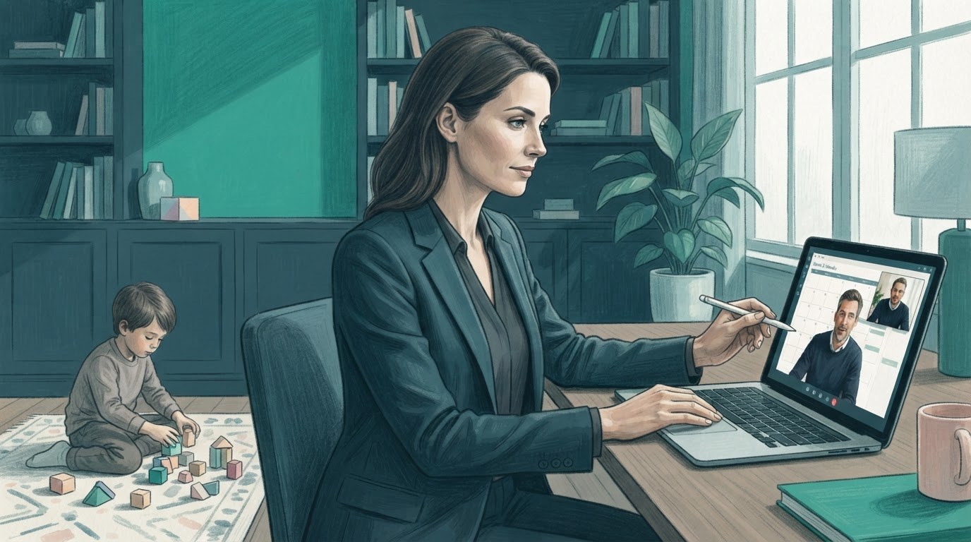 A working mother checks a laptop schedule while balancing family routines, illustrating virtual assistant jobs for stay at home moms.
