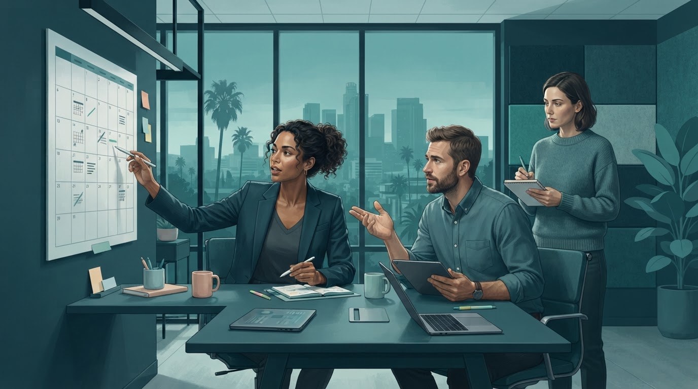 Working adults comparing calendars and workload expectations while considering executive assistant jobs in los angeles