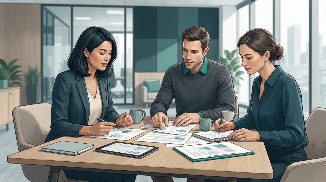 Working adults turning an executive assistant jobs description into organized interview stories at an office table