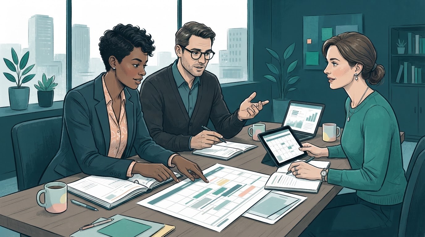 Working adults planning a nonprofit event and reviewing schedules as an illustration about assistant jobs