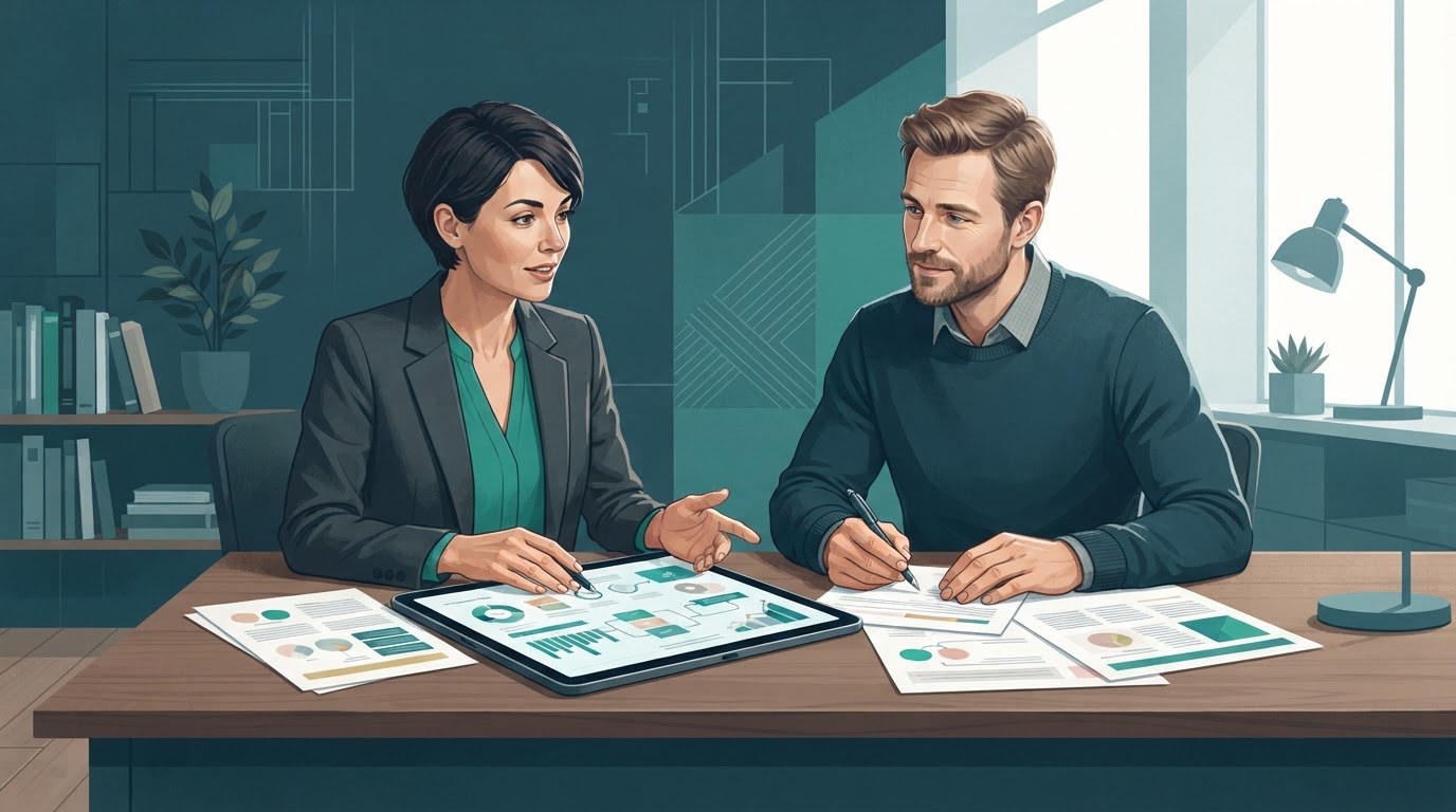 A career changer and business owner discuss a focused service plan at a desk while exploring virtual assistant jobs.
