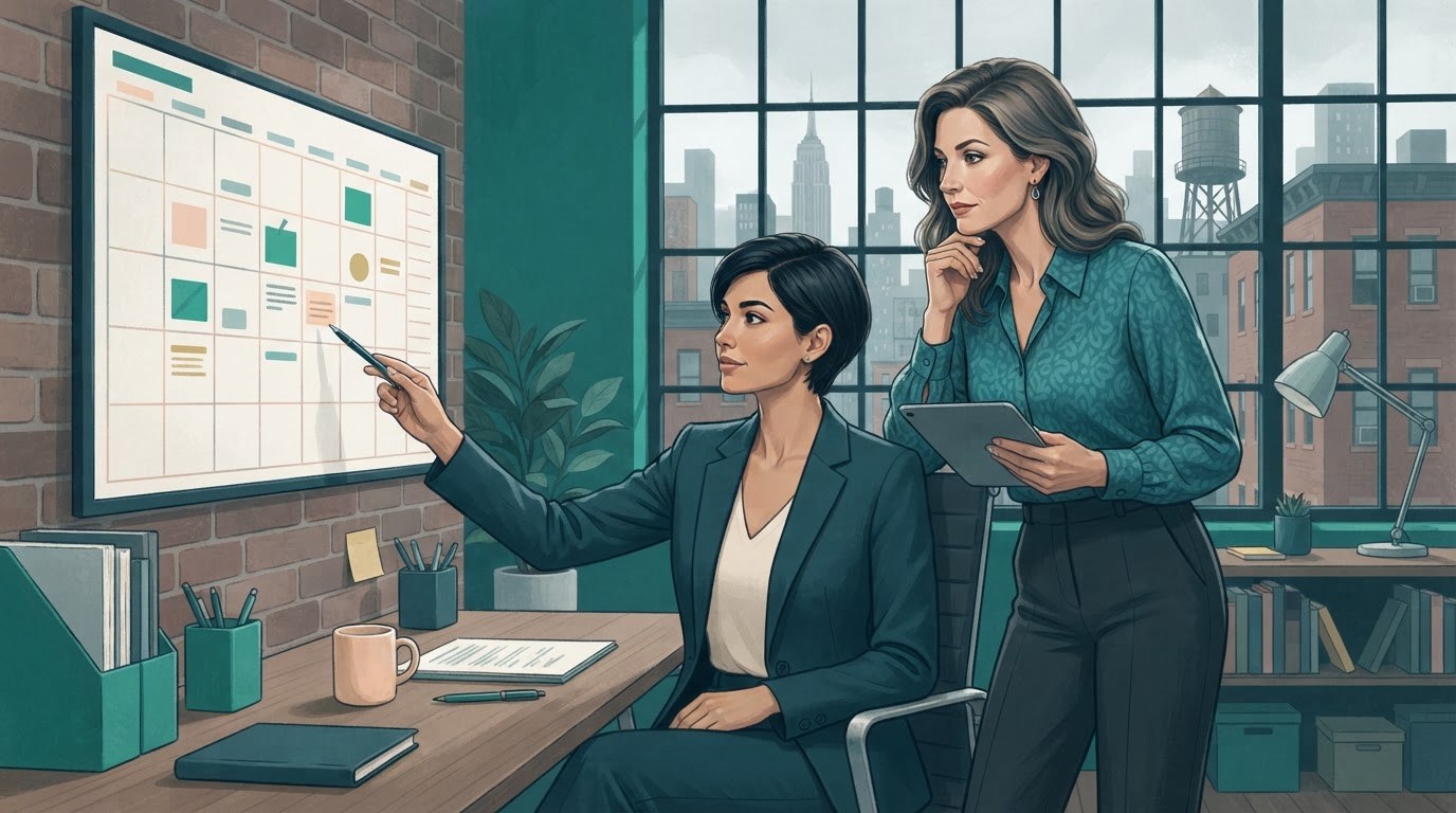 Executive assistant and manager reviewing a hybrid office calendar for executive assistant jobs new york