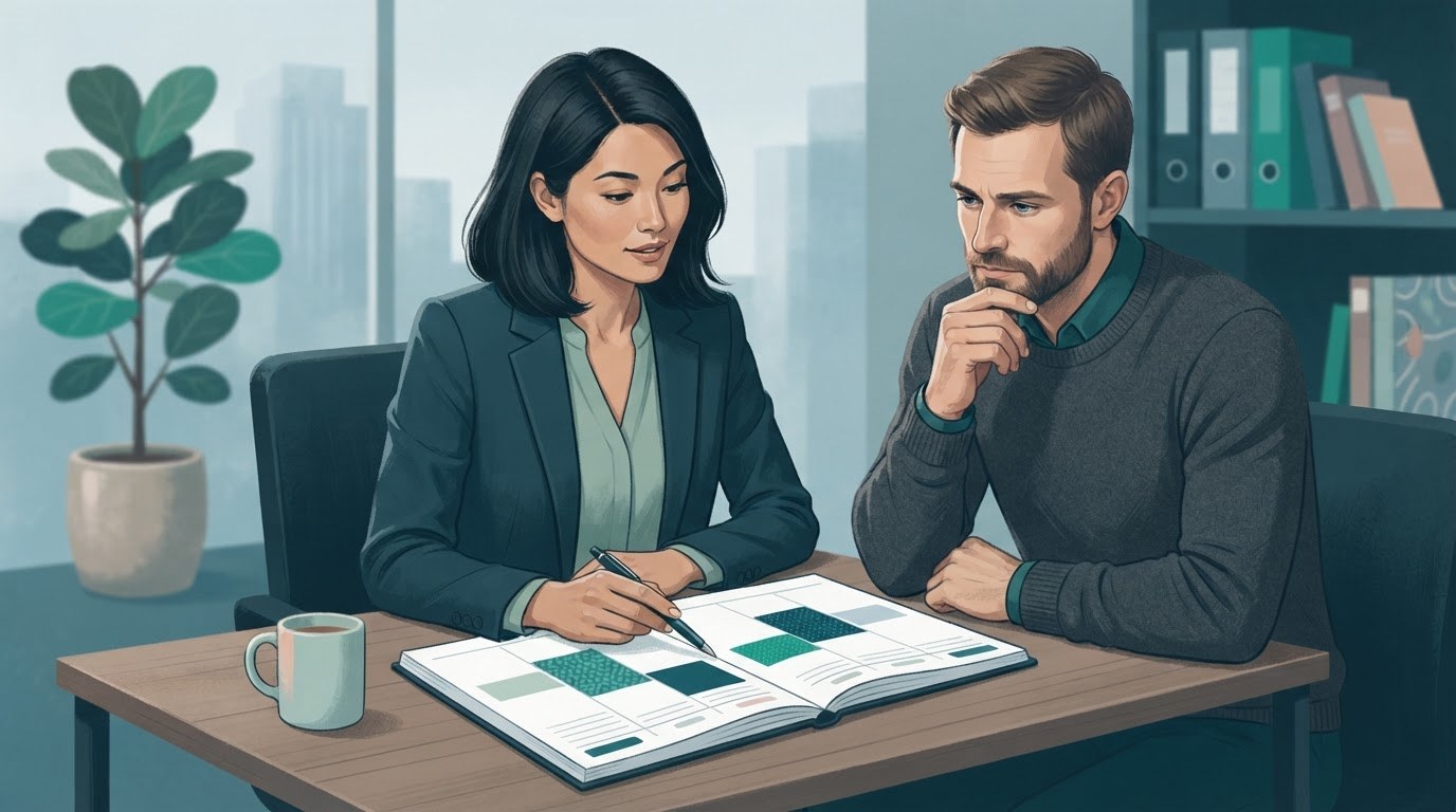 Two working adults reviewing a weekly calendar with open gaps between work blocks, illustrating assistant jobs part time.