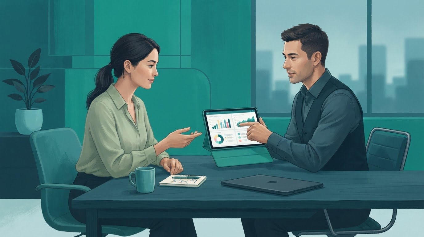 A virtual assistant and client review a weekly progress plan, illustrating clear communication in virtual assistant jobs.