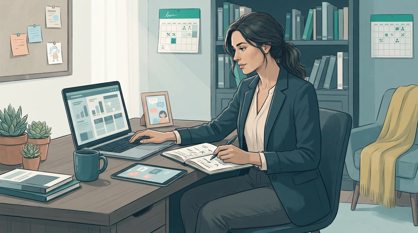Working mothers organizing client tasks and family routines in an illustration about virtual assistant jobs for moms