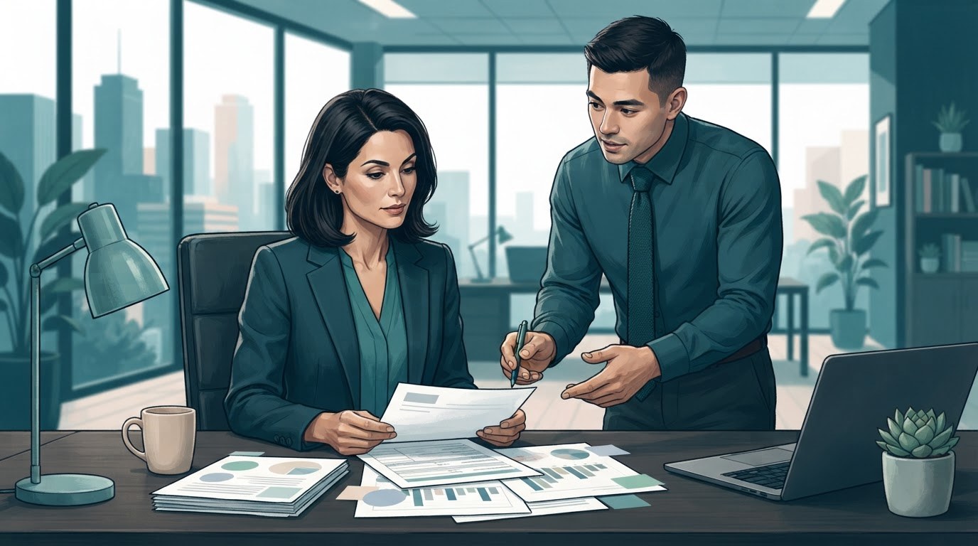 An executive assistant and manager reviewing a purchase request, illustrating executive assistant jobs chicago.