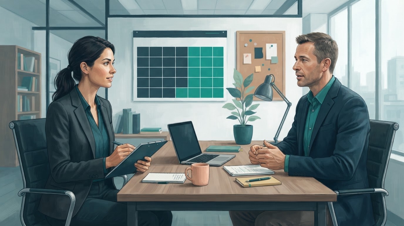 A candidate and hiring manager discuss an open role at a desk, illustrating executive assistant jobs chicago.