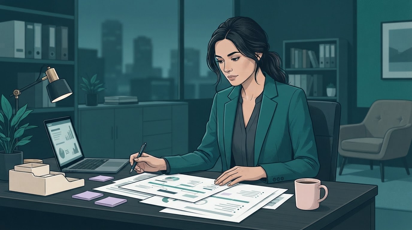 An executive assistant reviewing a sample schedule and event plan at a desk, illustrating how to present work for assistant jobs online.