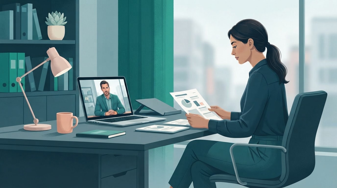 An executive assistant preparing a meeting brief beside a laptop during a remote executive call, illustrating executive assistant jobs remote.