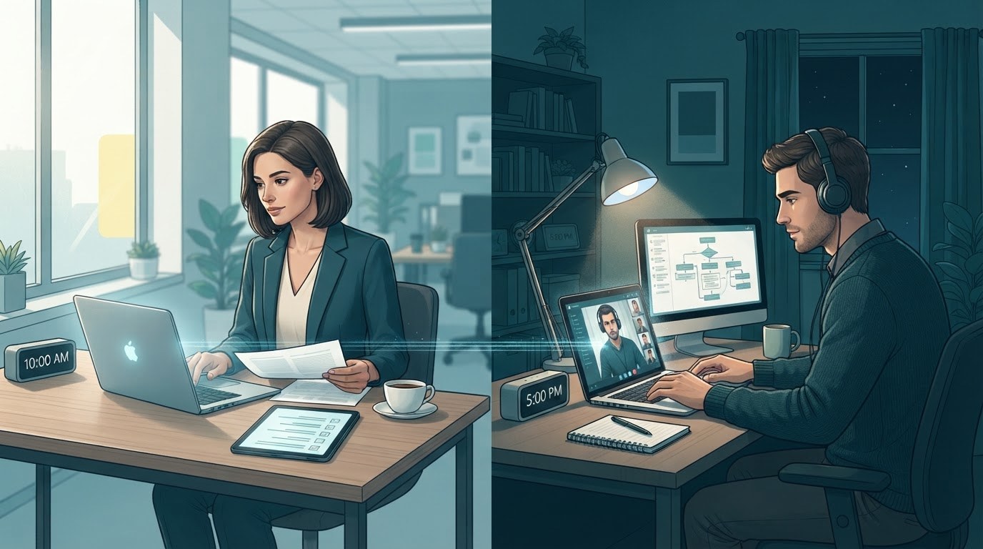 Two working adults sharing a written handoff across time zones, illustrating executive assistant jobs remote.